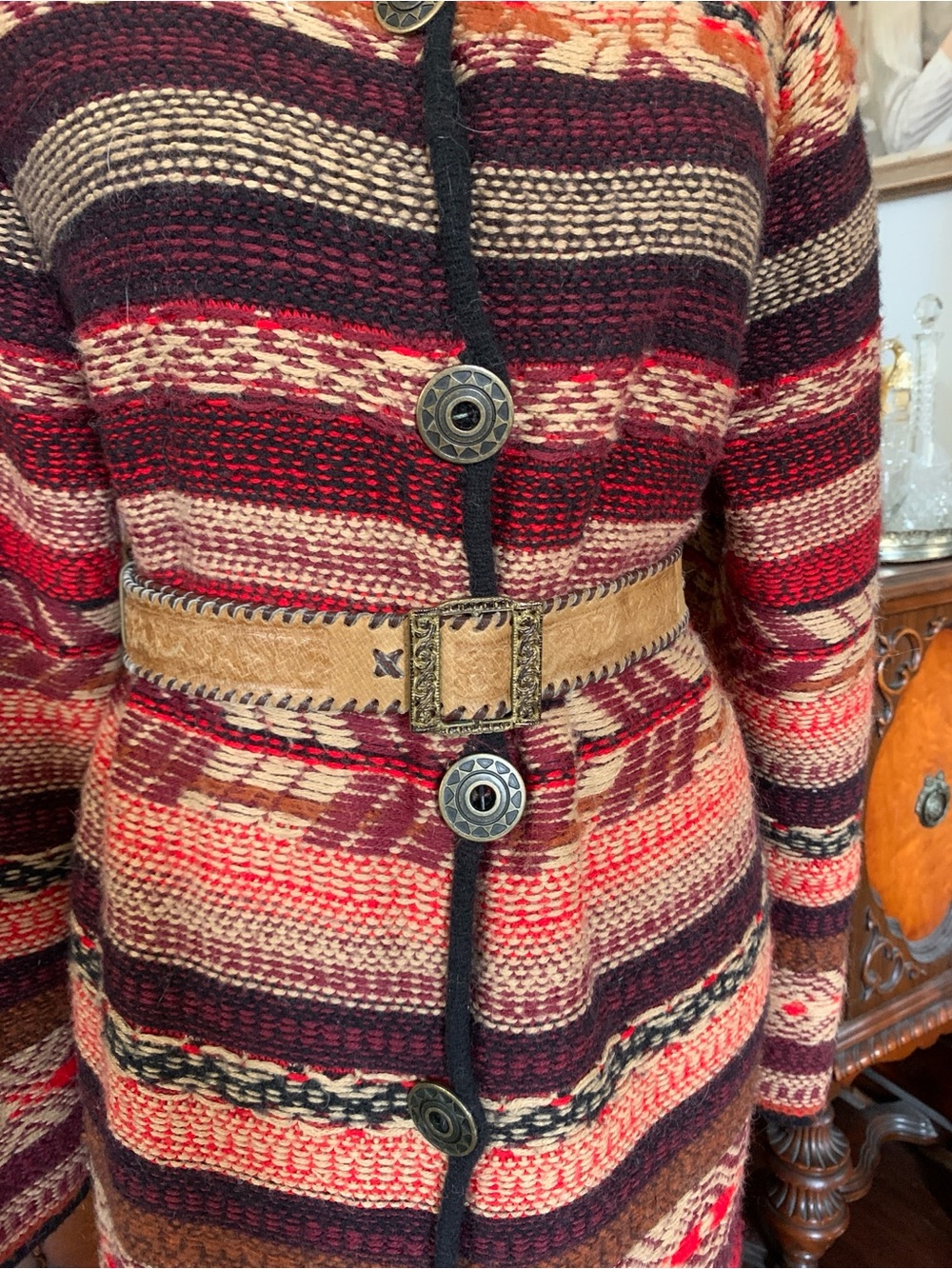 Vintage Boho Nepal-inspired Cardigan Sweater w Leather Belt & Faux Fur Hood - Picture 2 of 16
